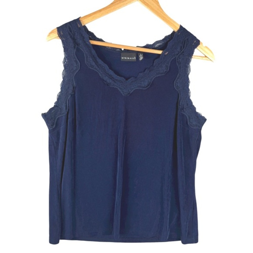 Citiknits Lace Trim Tank Top Womens Size Large Navy Blue Minimalist Made in USA
